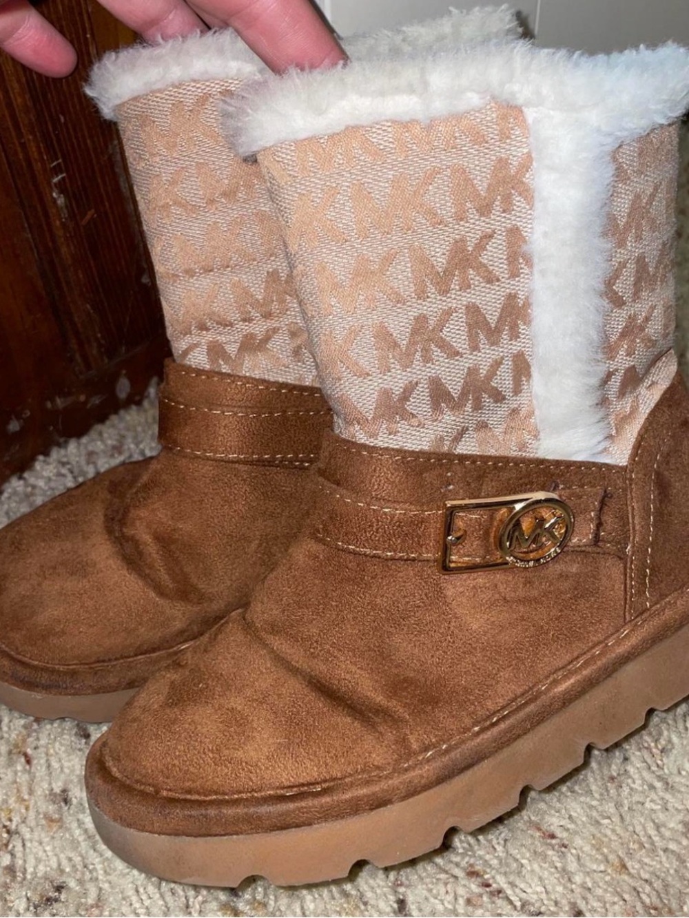 Michael Kors Kids Tan/Brown Faux-Suede Logo Boot with Shearling Trim